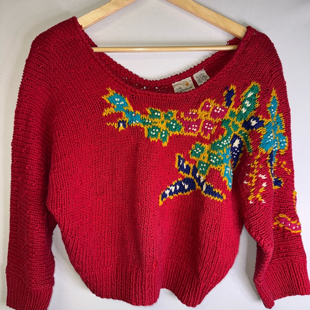 Vintage Liz Claiborne Red Knit Cropped Sweater with Colorful‎ Floral Design